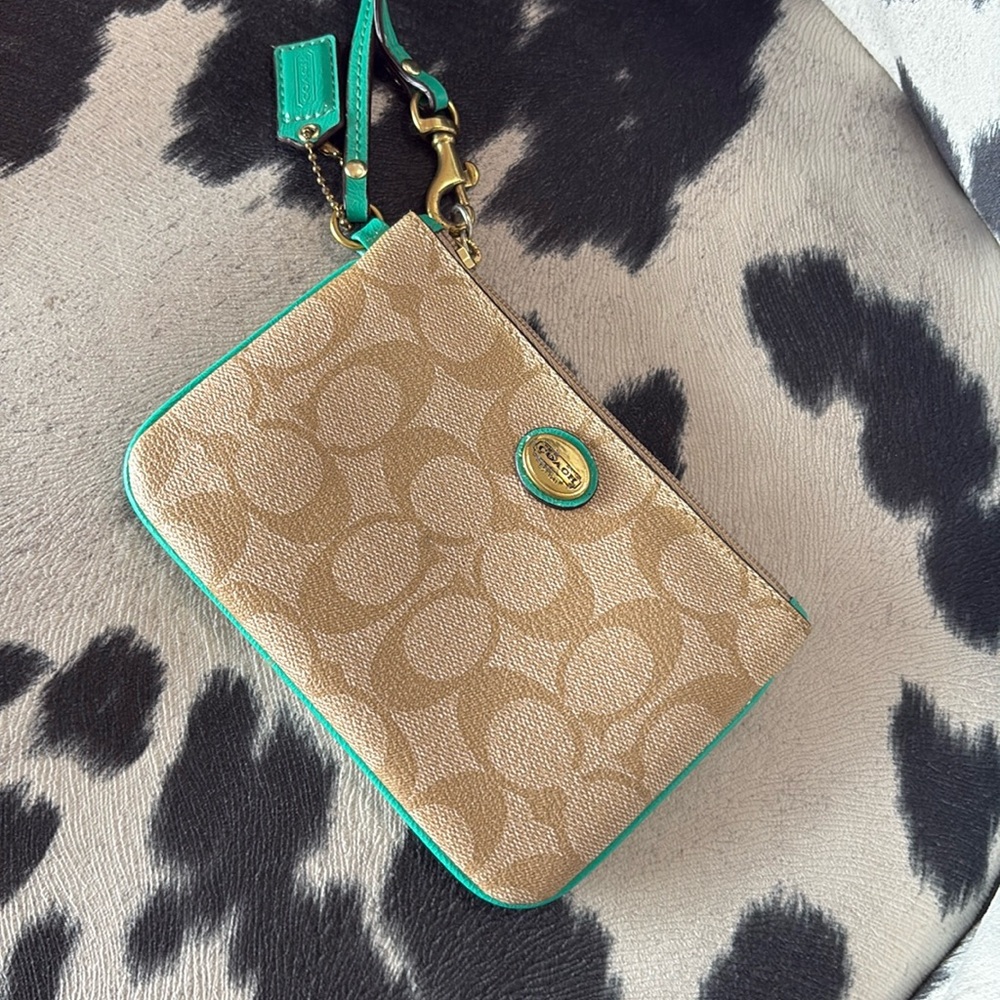 Coach Khaki Signature Canvas Wristlet with Green Trim